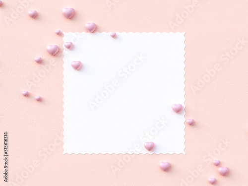 Happy valentines day greetings card design with heart flying balloon and hearts decorations in pink pastel background. Minimal flat lay. Weeding design elements. 3d render