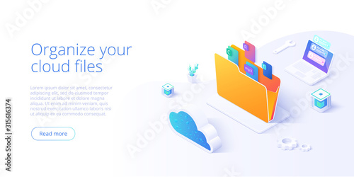 Cloud storage folder isometric vector illustration. Digital file organization service or app with data transfering. Online computing technology. Internet server or datacenter connection network.