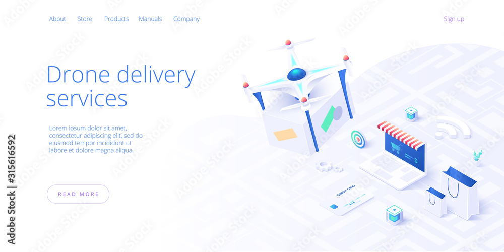 Drone delivery service concept in isometric vector illustration. Camera ...