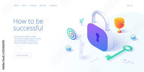 Business success concept in isometric vector illustration. Successful company venture or strategy, marketing solutions or financial performance. Metaphor with padlock, key and cup.