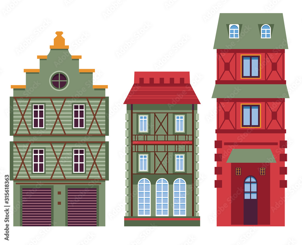 Retro architecture, houses or buildings, classic facades design