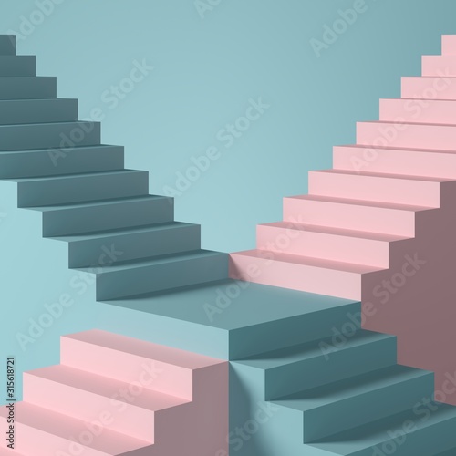 Abstract mock up scene. blue and pink staircase on blue background. 3D rendering