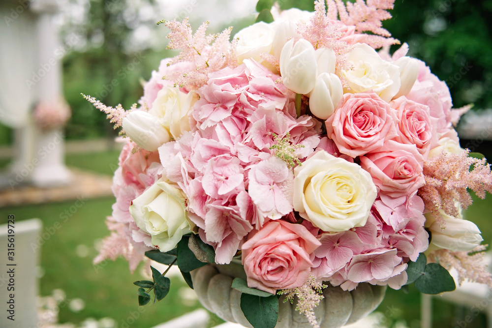 Wedding decorations with flowers. Close-up. Soft focus. Wedding decorations with flowers. Close-up. Soft focus.