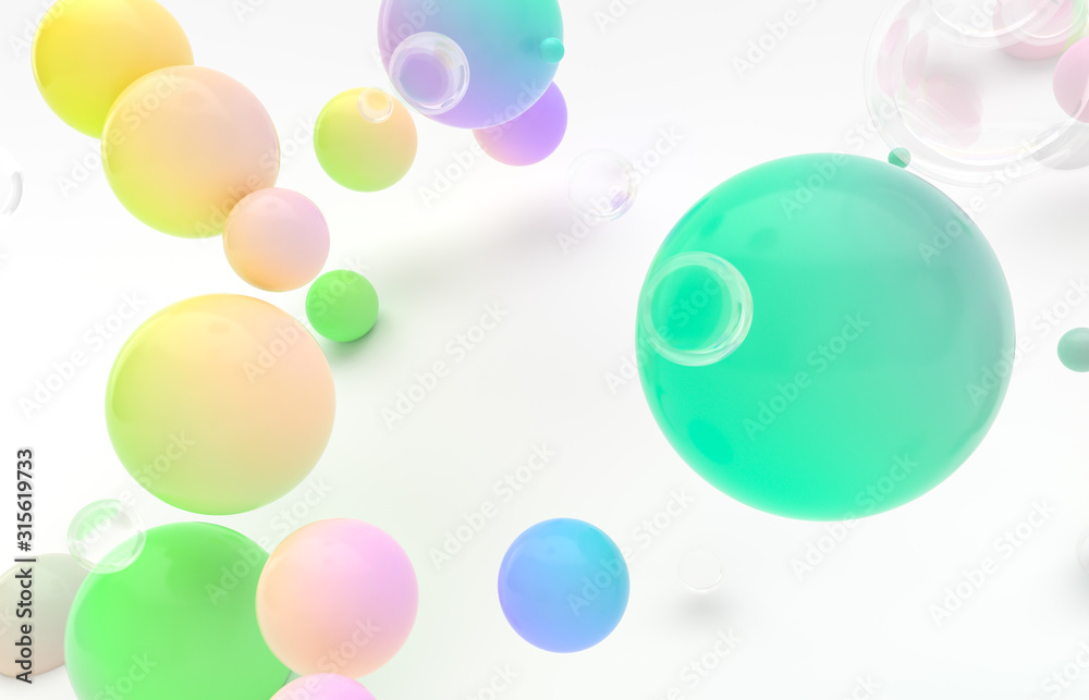 Abstract 3d art background. Colorful gradient floating liquid blobs, soap bubbles.