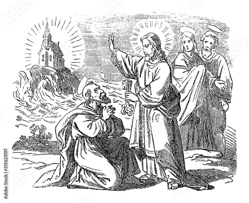 Vintage drawing or engraving of biblical story of Peter declares that Jesus is the Messiah. Jesus is giving the keys of kingdom of heave to saint Peter.Bible,New Testament,Matthew 16. Biblische