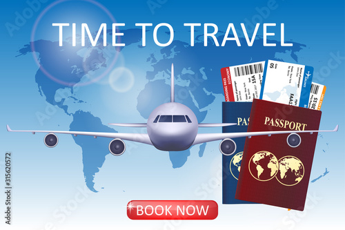 Air travel illustration with airplane. Brochure in tourism theme. Business travel agency advertisement airplane poster design. Vector illustration