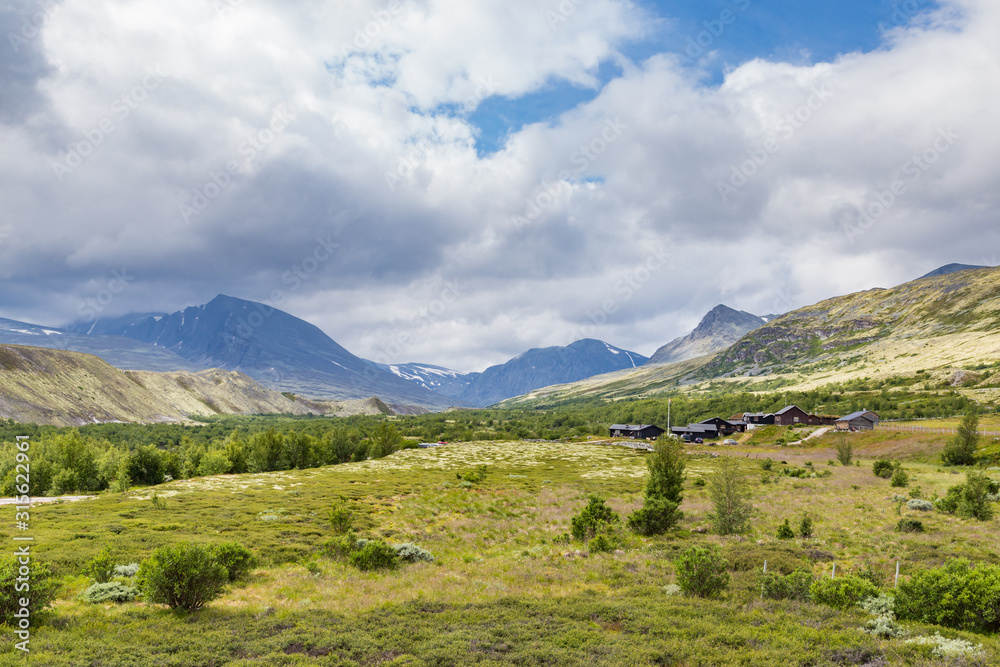 Cabins at the end of the road in Doralen valley, Rondane National Park, Innlandet, West Norway, Scandinavia, Europe