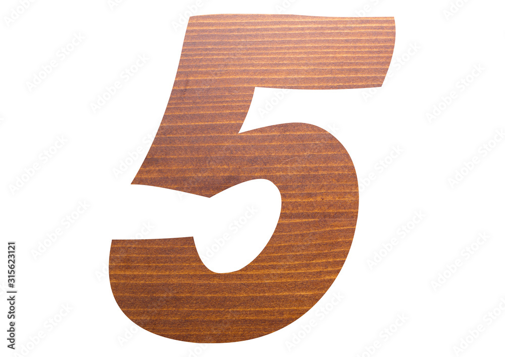 Number 5 with brown wooden texture on white background. Number 5 with brown wooden texture on white background.