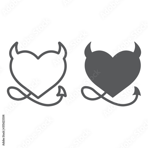 Devil Heart Valentine line and glyph icon, love and holiday, devil heart sign, vector graphics, a linear pattern on a white background, eps 10.