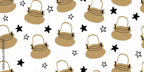 Vector seamless pattern with cauldrons, cattle