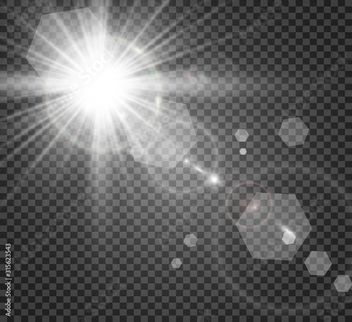 Special lens flash, light effect. The flash flashes rays and searchlight. illust.White glowing light. Beautiful star Light from the rays. The sun is backlit. Bright beautiful star. Sunlight. Glare.