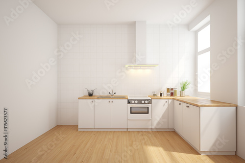 3d rendering white scandinavian style kitchen.