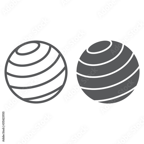 Gymnastic ball line and glyph icon, sport and equipment, fitness ball sign, vector graphics, a linear pattern on a white background.