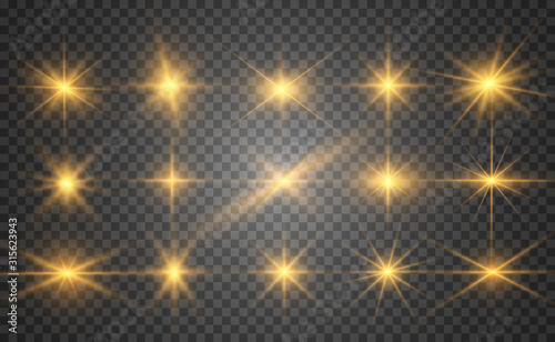 Set of gold bright beautiful stars. Light effect Bright Star. Beautiful light for illustration. Christmas star. White sparks sparkle with a special light. Vector sparkles on transparent background