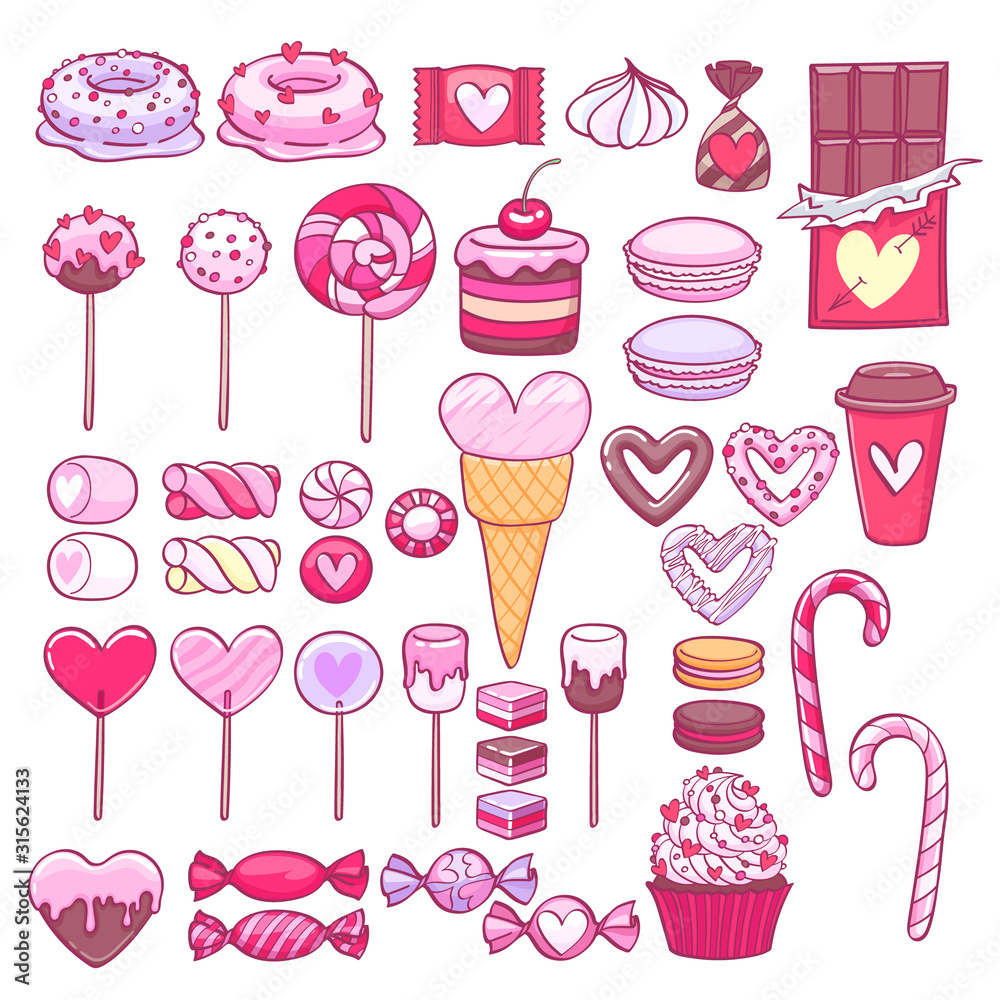 Valentine's day sweets and cookies set. Assorted candies. Valentine's day sweets and cookies set. Assorted candies.