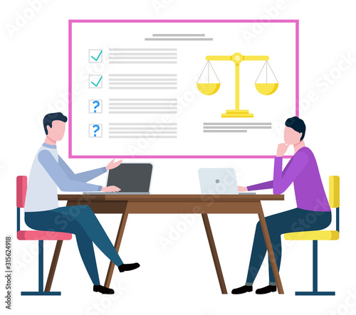Transfer agent or intermediate, broker collaboration vector. Businessman with laptop and contract, check signs, buying or selling, business estimation