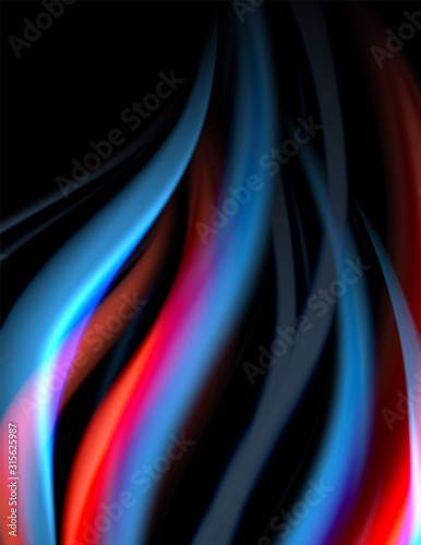 Silk smooth lines on black, liquid fluid color waves. Vector Illustration