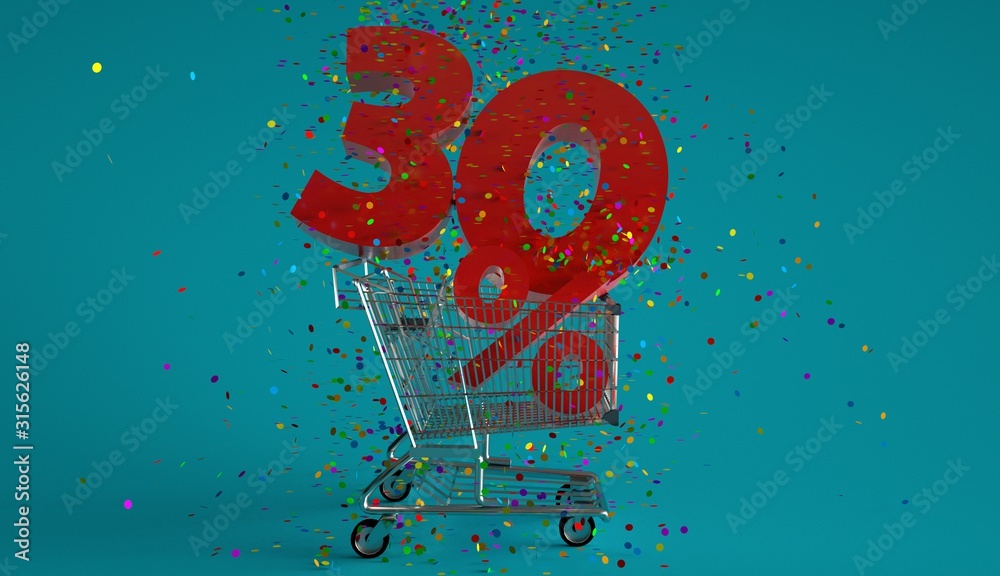 30 percent red logo with colorful confetti rain in shopping cart Discount Concept  3d Illustration