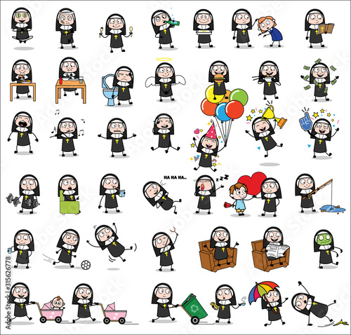 Cartoon Nun Lady - Set of Concepts Vector illustrations
