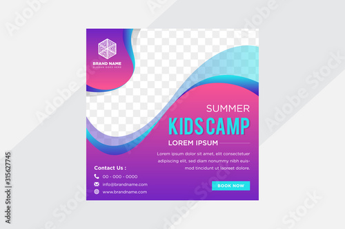 Social Media Advertising Banner Layouts Set With Gradient Wave Elements. Collection Of Bright blue gradient Vector Background. summer kid camp with space for photo. gradient blue and purple color.