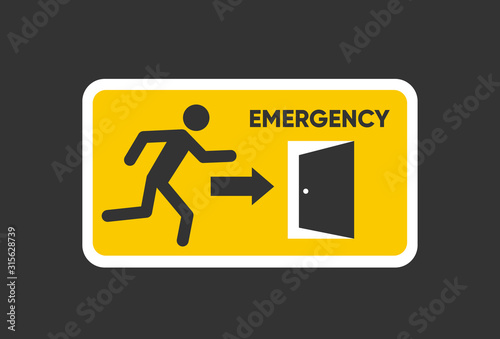 Emergency fire Exit sign. Man figure running to doorway. Running man icon to door. Fire exit sign.