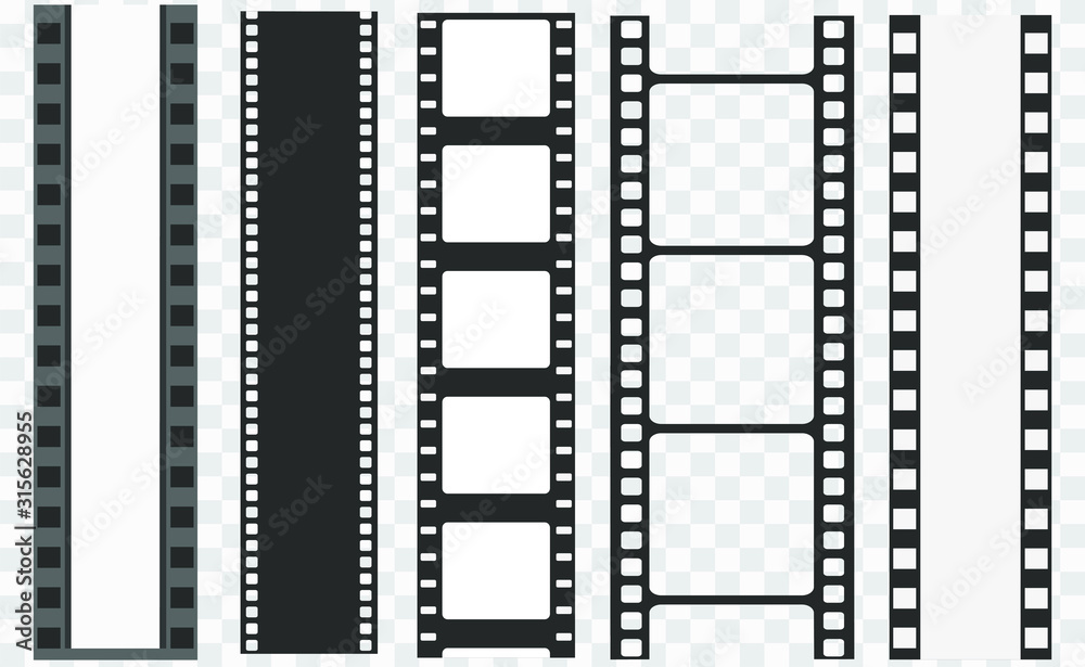 Different film strip collection. Old retro cinema strips. Cinema strip templates. Negative and strip, media filmstrip. Film roll vector, film 35mm, slide film frame set