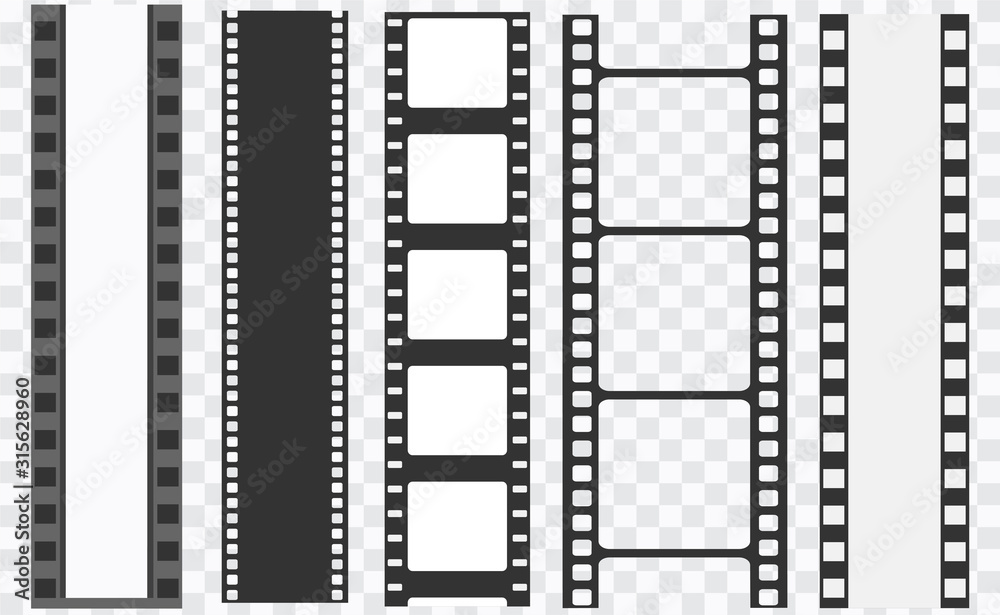 Different film strip collection. Old retro cinema strips. Cinema strip templates. Negative and strip, media filmstrip. Film roll, film 35mm, slide film frame set