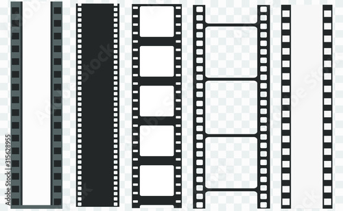 Different film strip collection. Old retro cinema strips. Cinema strip templates. Negative and strip, media filmstrip. Film roll vector, film 35mm, slide film frame set