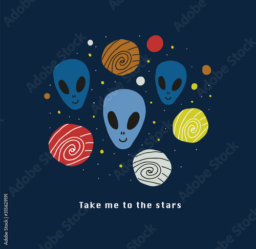 Round circle illustration with doodle aliens