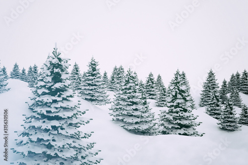 Winter landscape trees and hills covered in snow isolated on white background