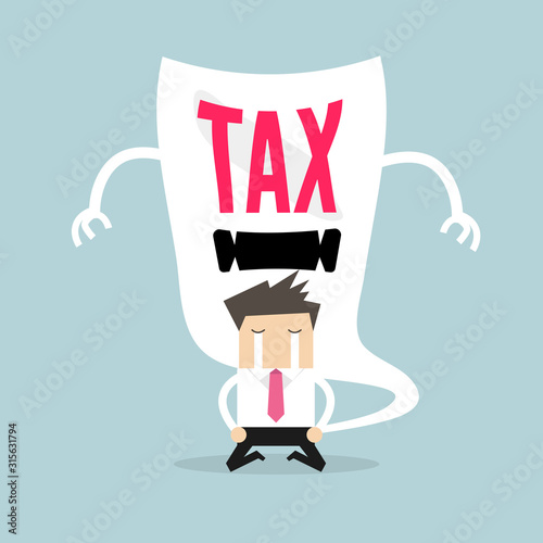 Businessman cry and terrifying tax devil.