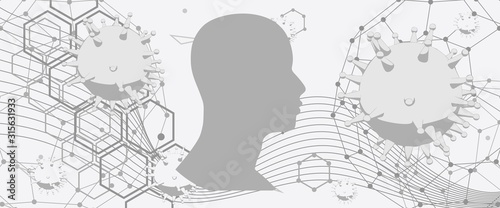 Medical industry, biotechnology and biochemistry. Scientific medical designs. Virus diseases relative theme. Connected lines with dots. Human head silhouette