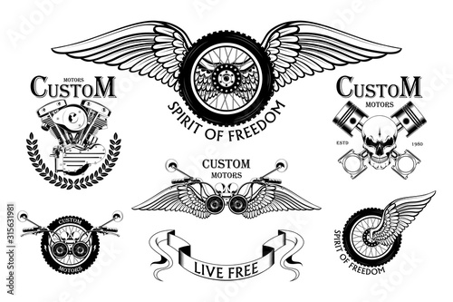 Set of moto emblems. Vector images of a motorcycle wheel, motorcycle steering wheel, pistons, moto engine.