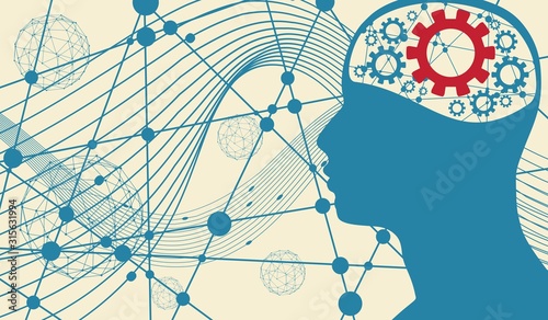 Silhouette of a man head with gears as brain. Mental health relative brochure, report or flyer design template. Scientific medical designs. Connected lines with dots.