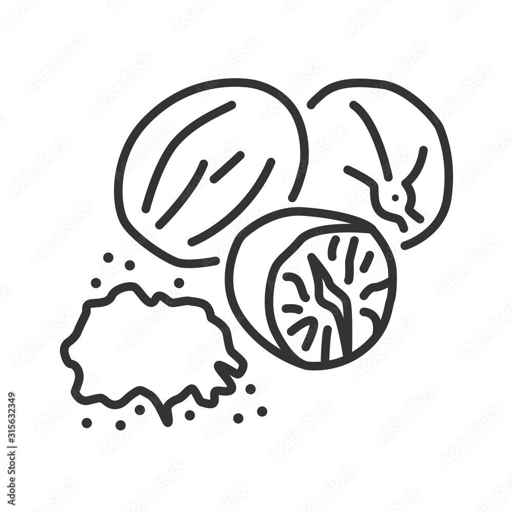 Whole and ground fragrant nutmeg with caption black line icon. Spices, seasoning. Cooking ingredient. Pictogram for web page, mobile app, promo. Whole and ground fragrant nutmeg with caption black line icon. Spices, seasoning. Cooking ingredient. Pictogram for web page, mobile app, promo.