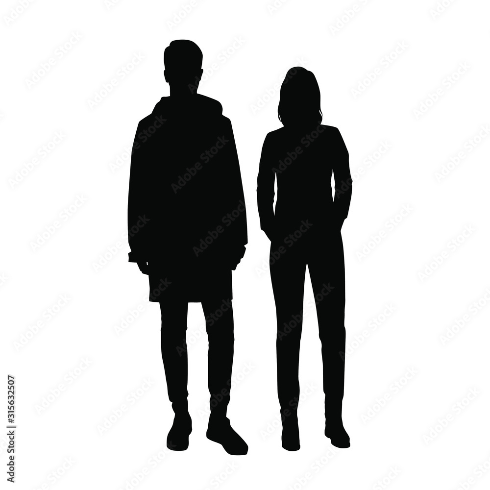 Vector silhouettes of man and a woman, a couple of standing business ...