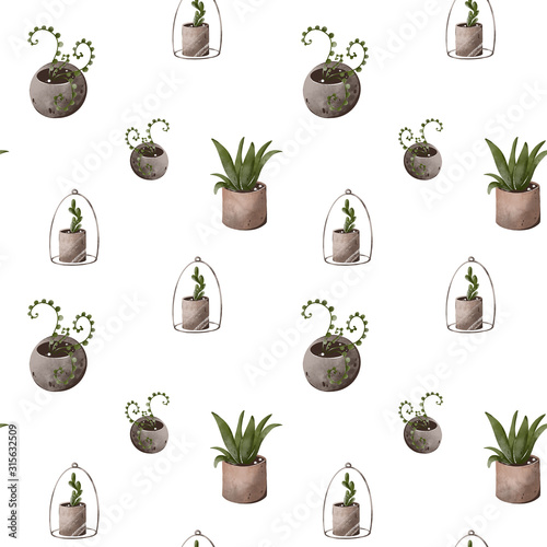 Digital illustration seamless pattern of cute textural gardening tools  watering can  potted home flowers. Print for cards  stickers  stickers  covers  packaging  fabric.