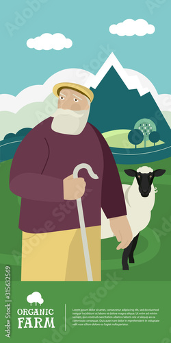 Farming today Elderly shepherd grazes a sheep in a green meadow Organic farm Cartoon Flat Vector Illustration Banner