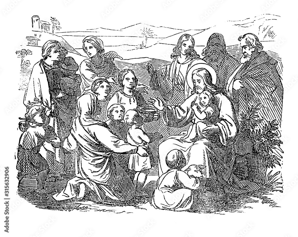 Vintage drawing or engraving of biblical story of Jesus and little children.Bible,New Testament,Matthew 19. Biblische Geschichte , Germany 1859.