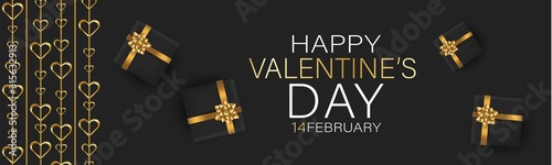 Valentines Day banner background or website header with hanging golden 3d hearts and gift boxes with red bow and ribbon. Love design concept. Romantic invitation or sale offer promo. 