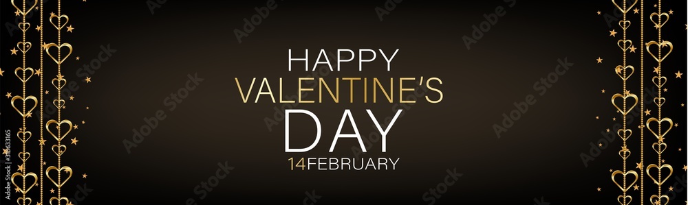 Valentines Day banner background or website header with hanging golden 3d hearts. Love design concept. Romantic invitation or sale offer promo. Vector illustration.