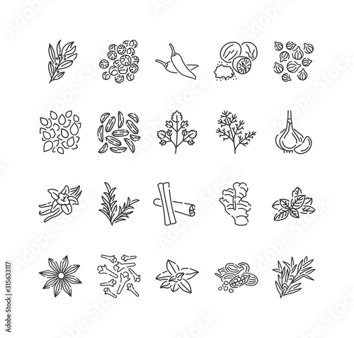 Spices and herbs black line icons set. Seasonings: ground pepper, fennel, cinnamon, cloves, ginger, Cooking ingredient. Pictogram for web page, mobile app, promo. Editable stroke.