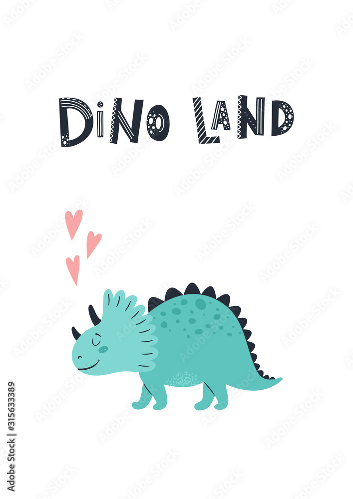Obraz premium Baby print with Dino. Cute card, poster, template, greeting card, dinosaur. Scandinavian style. Vector illustrations