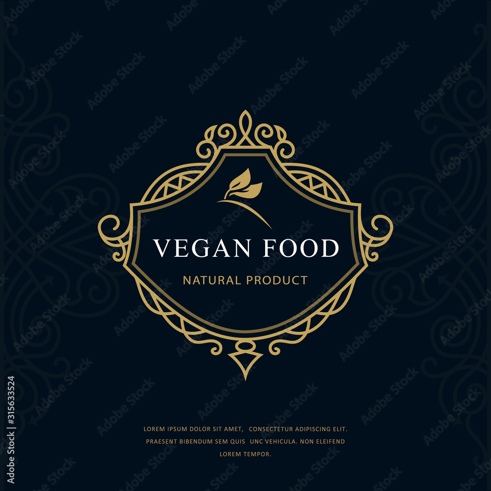 Vintage Monogram Vegan Food. Classic Filigree Style. Graceful Vegetarian Logo on Floral Background. Calligraphic Emblem for Restaurant, Book Design, Brand Name, Boutique, Cafe. Vector illustration