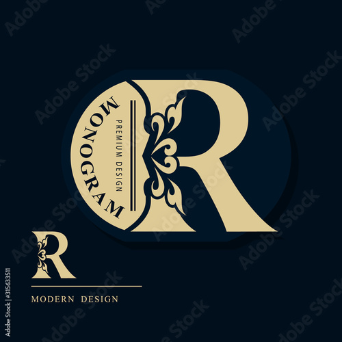 Elegant Capital letter R. Graceful Style. Creative Calligraphic Beautiful Logo. Vintage Drawn Emblem for Book Design, Brand Name, Business Card, Restaurant, Boutique, Hotel. Vector illustration