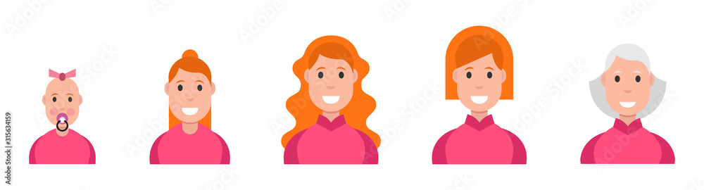 Set of people different ages. Female icons. Vector illustration.