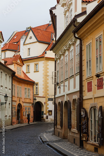 A traditional street of Prague, the capital of the Czech Republic, with typically gingerbread and very elegant houses of different colors, than Prague is known for, except for its Gothic architecture