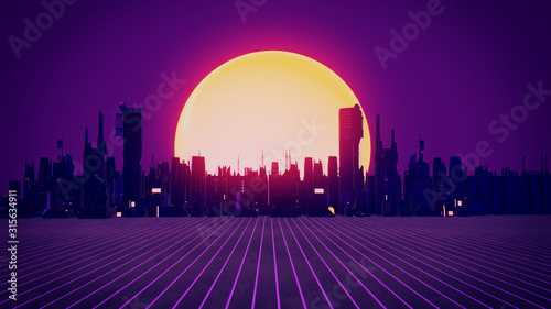 Retro 80s synthwave glowing neon lights plane with sun and city skyline | 3D Illustration