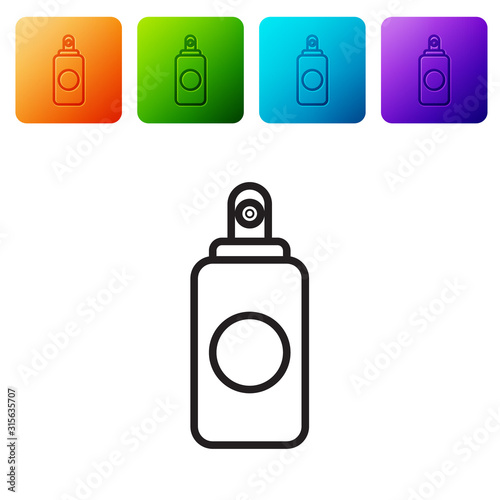 Black line Spray can for air freshener, hairspray, deodorant, antiperspirant icon isolated on white background. Set icons in color square buttons. Vector Illustration