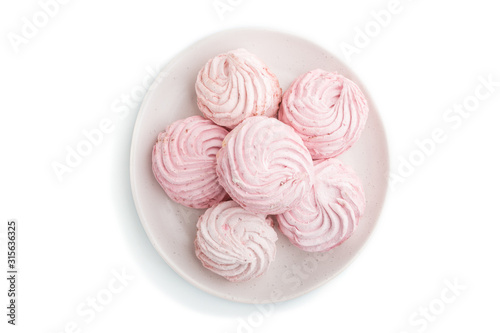 Pink strawberry homemade zephyr or marshmallow isolated on white background. top view.